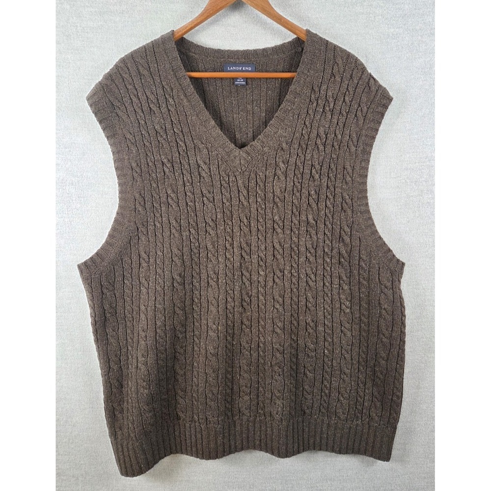 Lands End Wool Vest XL Cable Knit Brown Pullover V Neck Preppy Dad Grandpa Golf